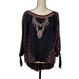 Rock & Roll Cowgirl Top Black and Red Open Sleeve Embroidered Blouse size medium